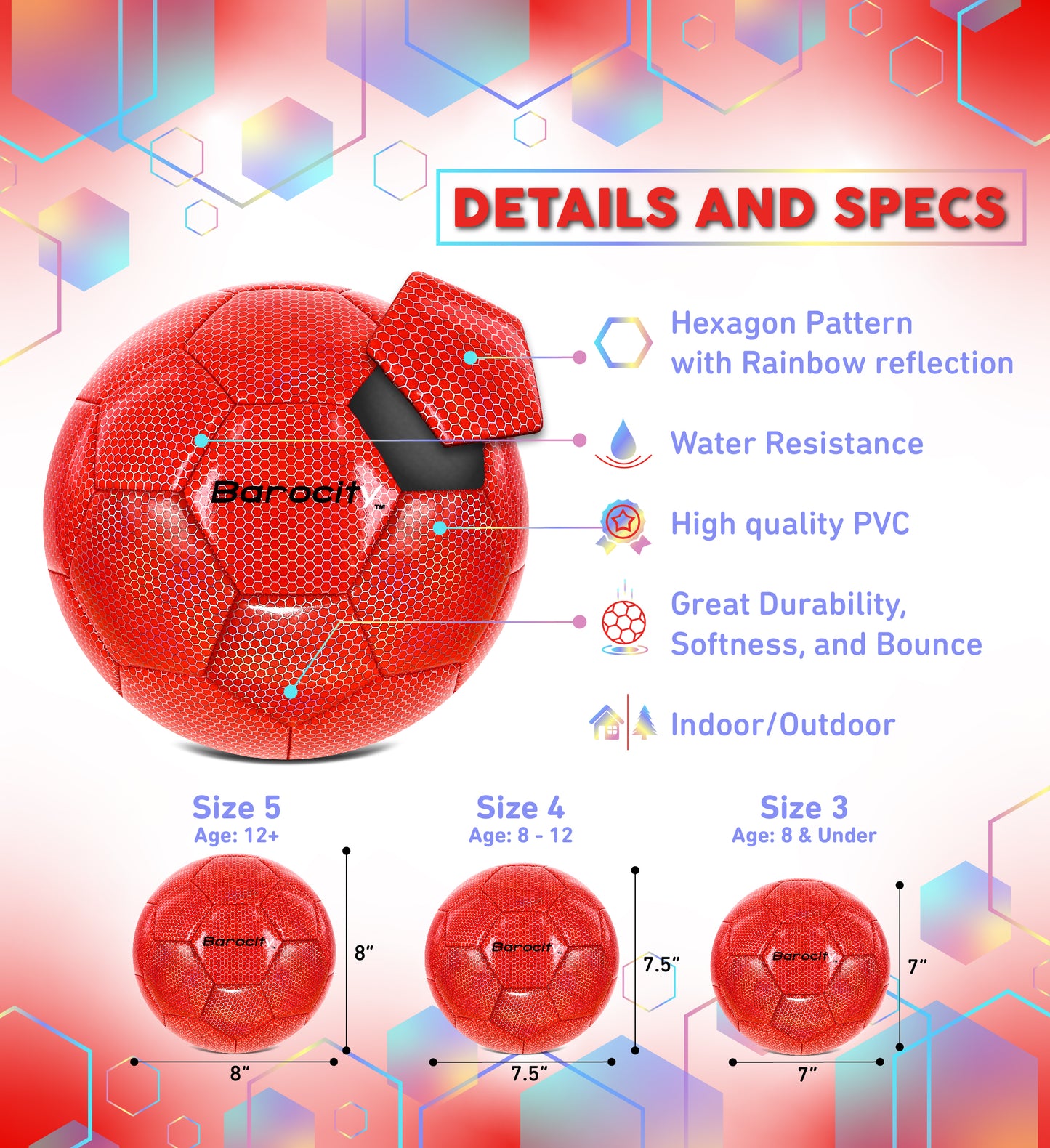 SOCCER BALL - RED MODERN PATTERN - SIZE 3