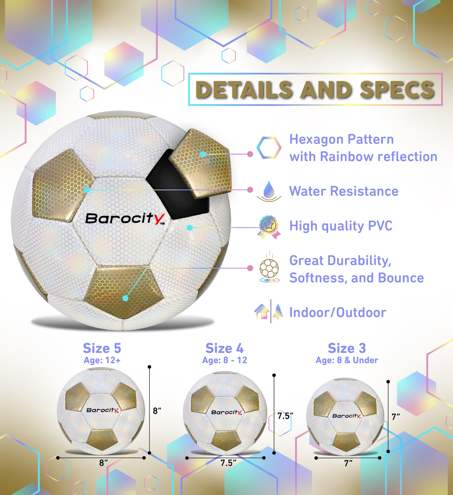 SOCCER BALL - CLASSIC WHITE & GOLD MODERN PATTERN - SIZE 4