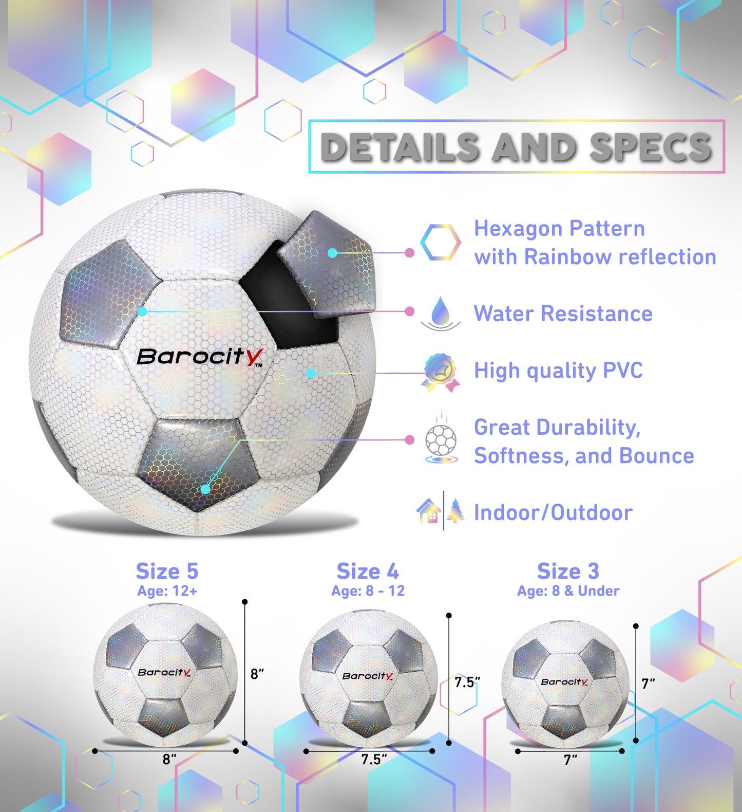 SOCCER BALL - CLASSIC WHITE & SILVER MODERN PATTERN - SIZE 4