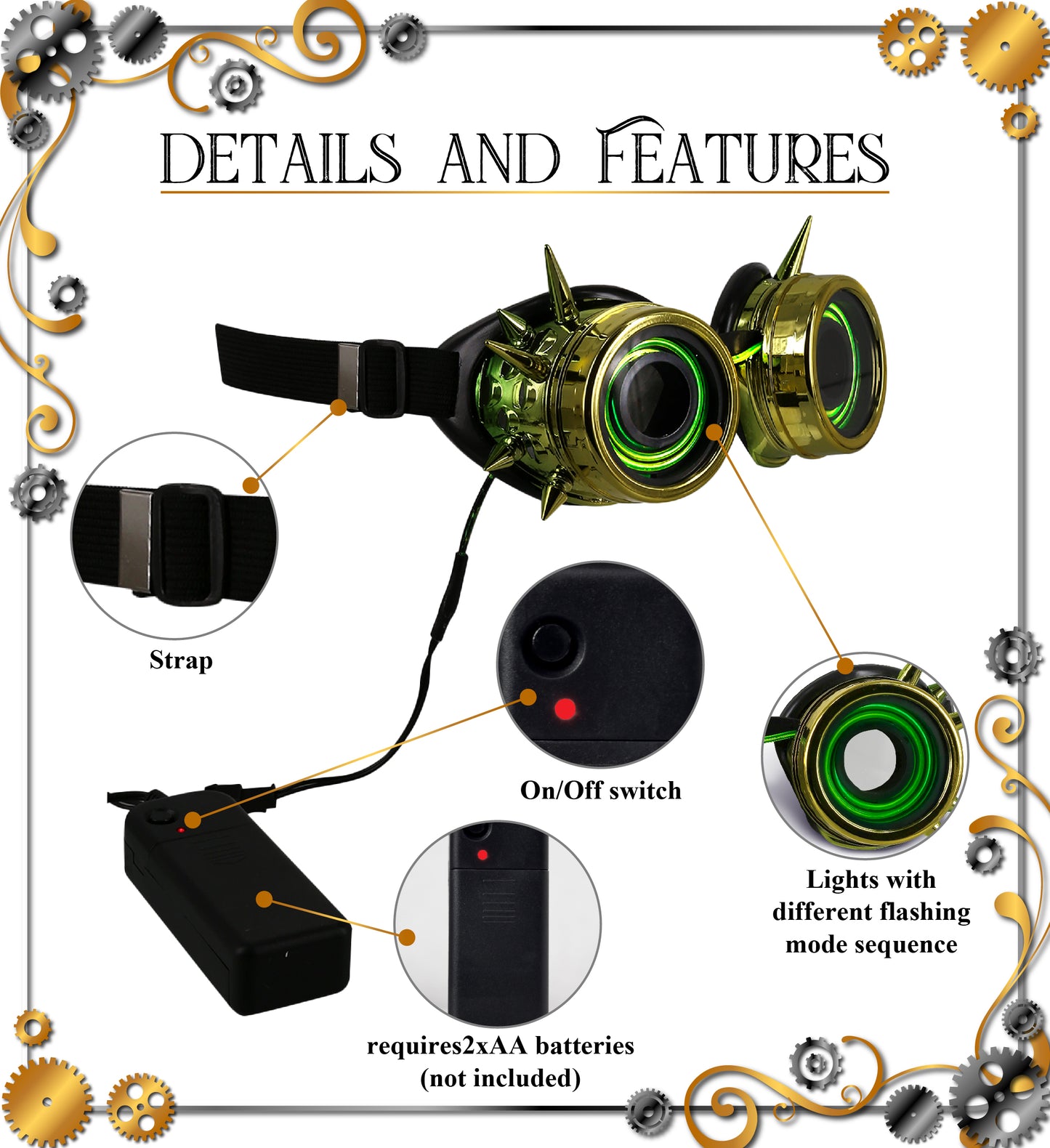 Led Light-Up Glowing Goggles - Gold - Steampunk