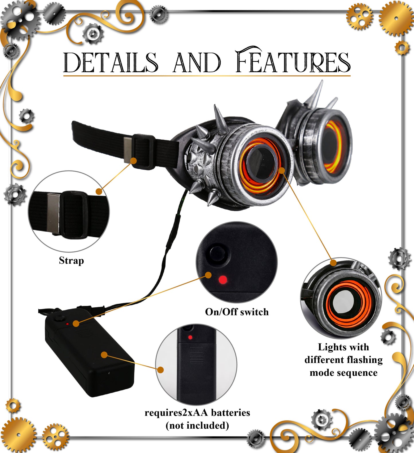Led Light-Up Glowing Goggles - Silver - Steampunk