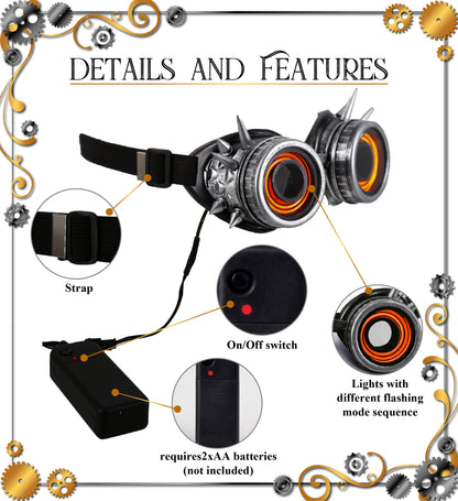 Led Light-Up Glowing Goggles - Silver - Steampunk