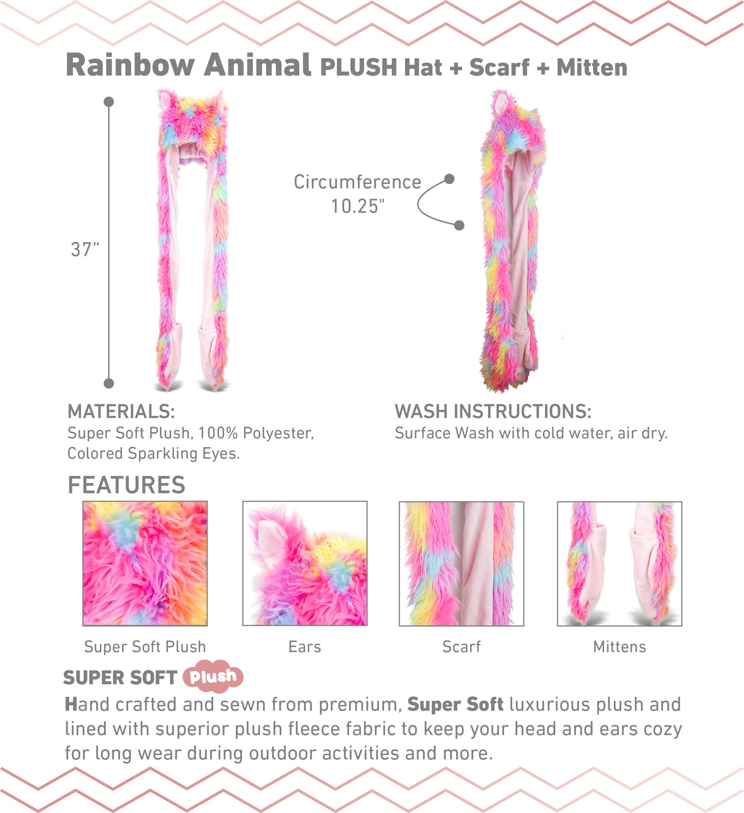 SUPER SOFT PLUSH HAT + SCARF + MITTEN - RAINBOW ANIMAL