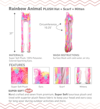 SUPER SOFT PLUSH HAT + SCARF + MITTEN - RAINBOW ANIMAL