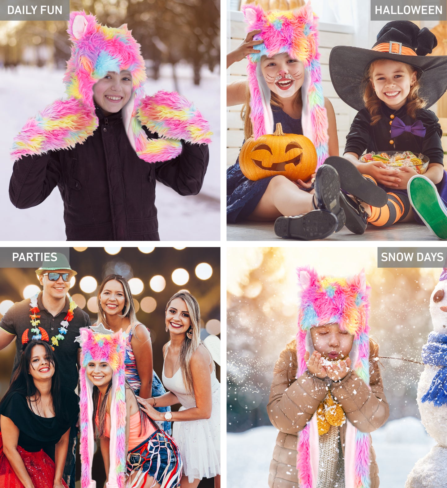 SUPER SOFT PLUSH HAT + SCARF + MITTEN - RAINBOW ANIMAL