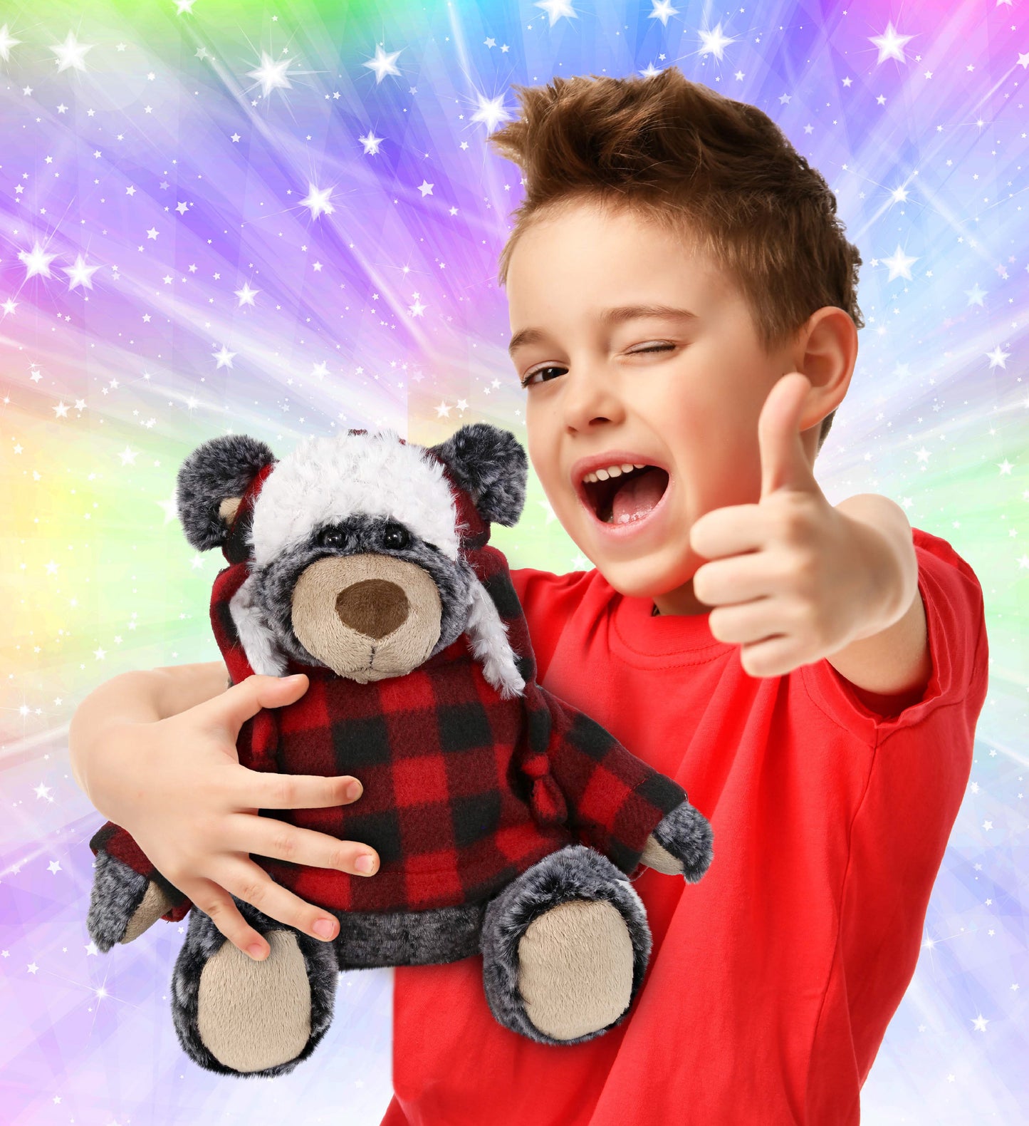 SUPER SOFT PLUSH - RED PLAID OUTFIT - BLACK BEAR