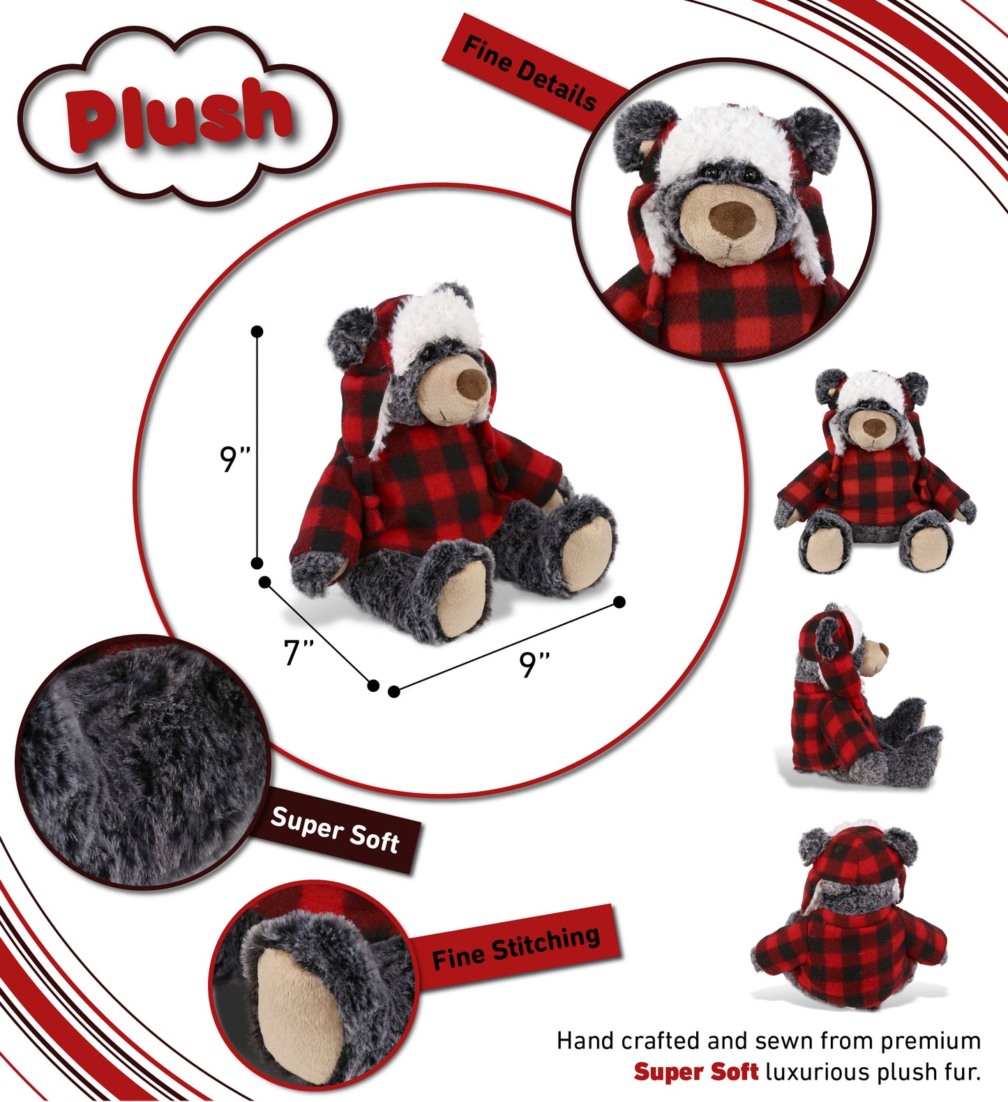 SUPER SOFT PLUSH - RED PLAID OUTFIT - BLACK BEAR
