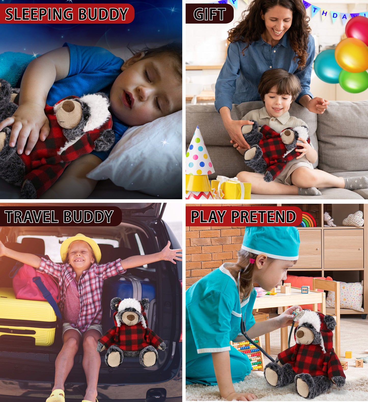 SUPER SOFT PLUSH - RED PLAID OUTFIT - BLACK BEAR