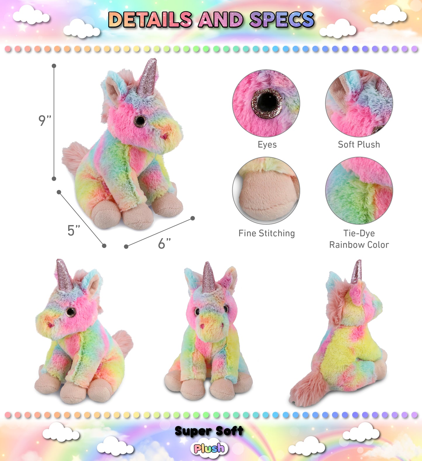 SUPER-SOFT PLUSH - RAINBOW UNICORN 9"