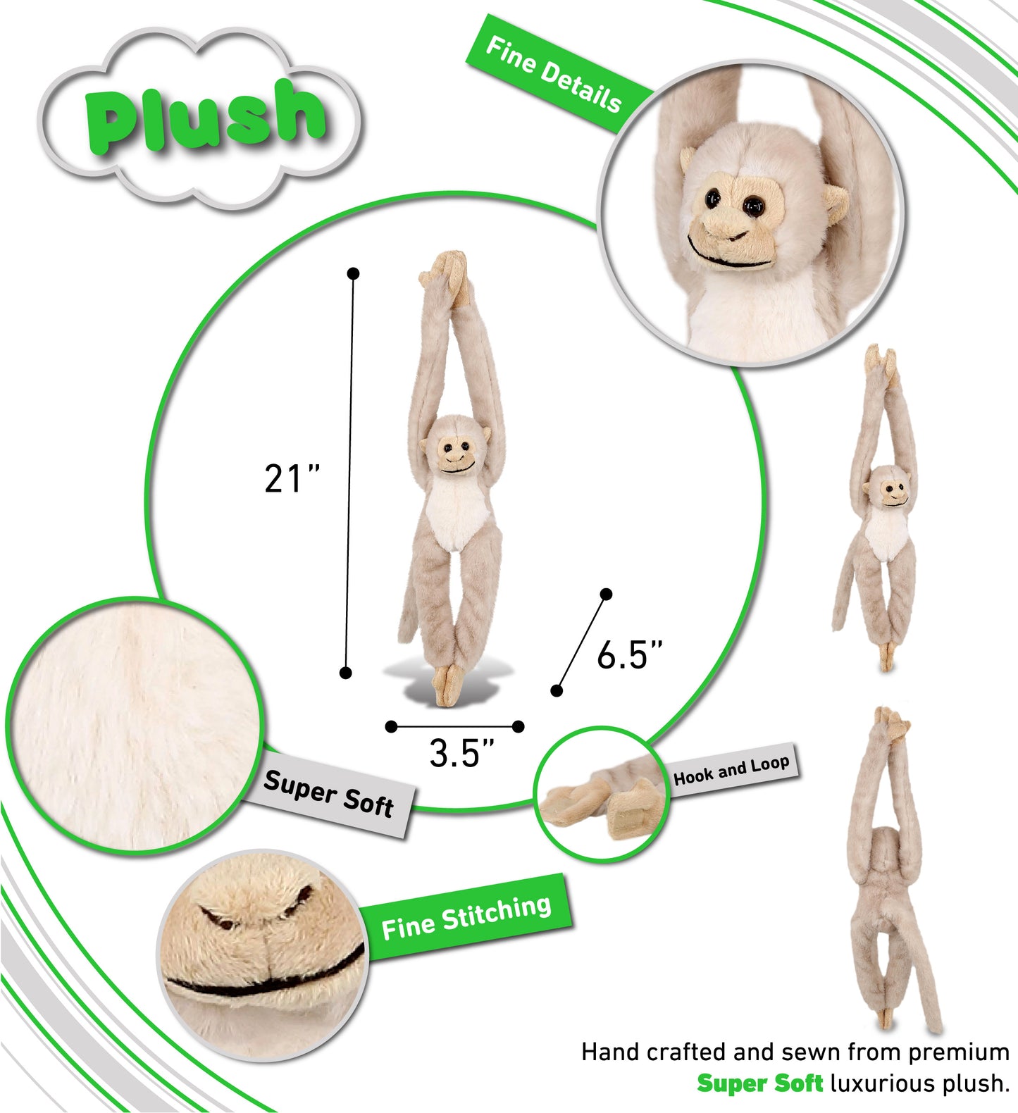 SUPER SOFT PLUSH - LONG ARM HANGING WHITE SQUIRREL MONKEY