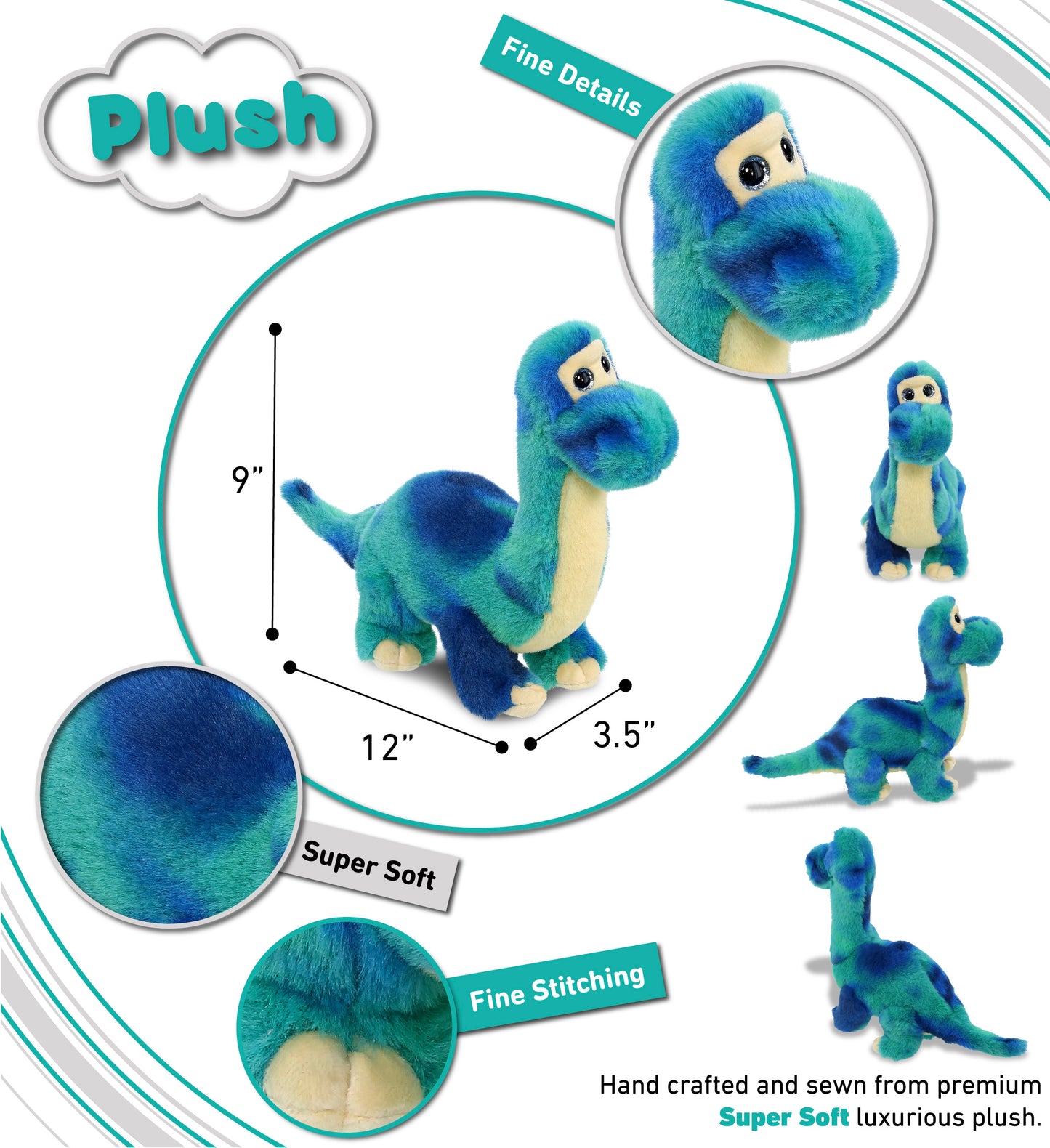SUPER SOFT PLUSH - BLUE TIE-DYE DINOSAUR 9"