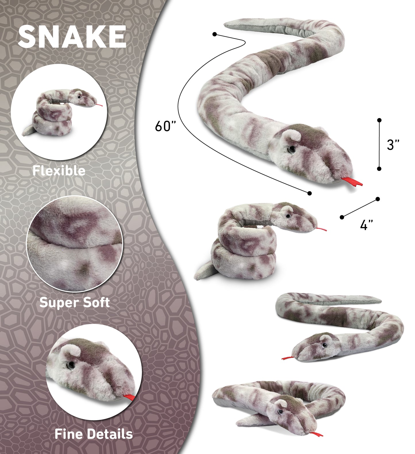 SUPER-SOFT PLUSH - GREY TIE-DYE SNAKE 60"