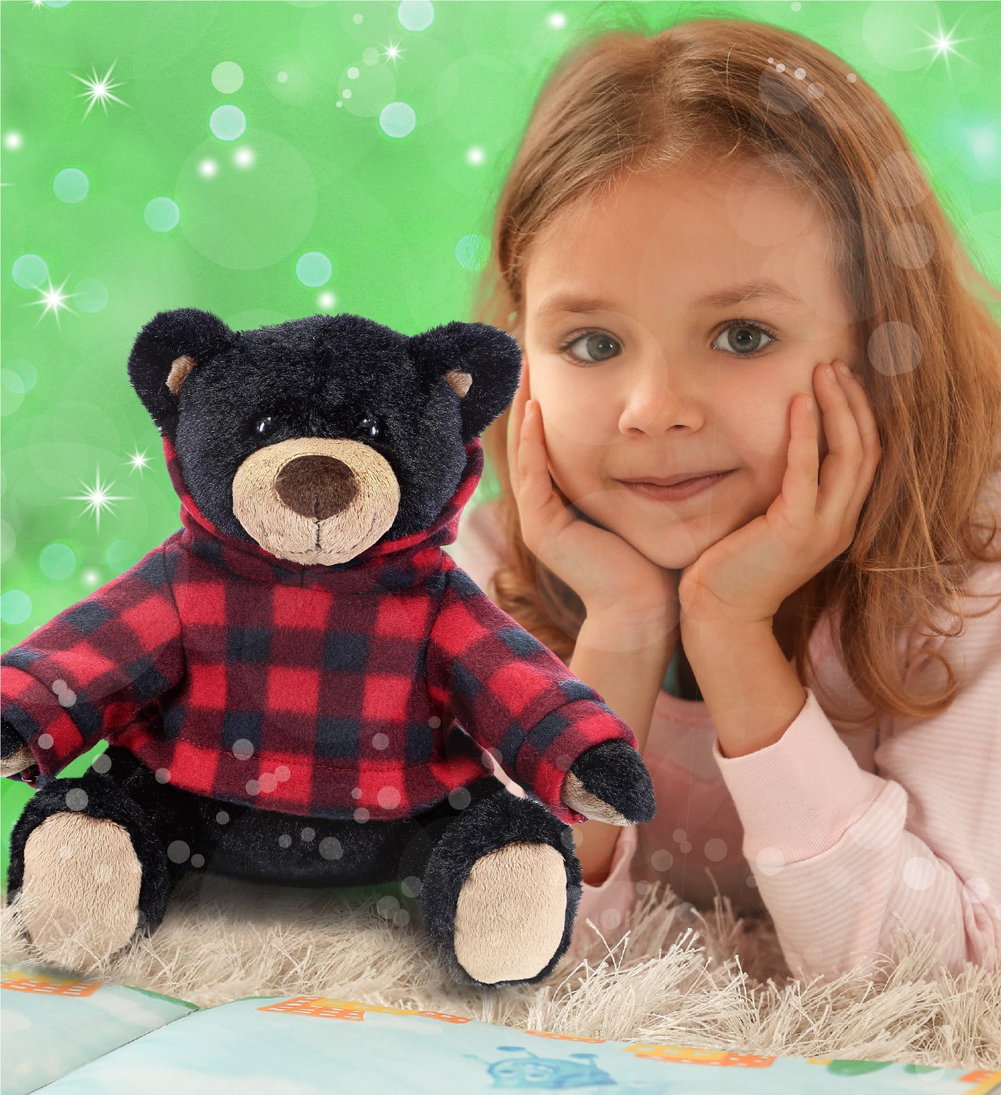 SUPER SOFT PLUSH WITH RED PLAID HOODIE - BLACK BEAR