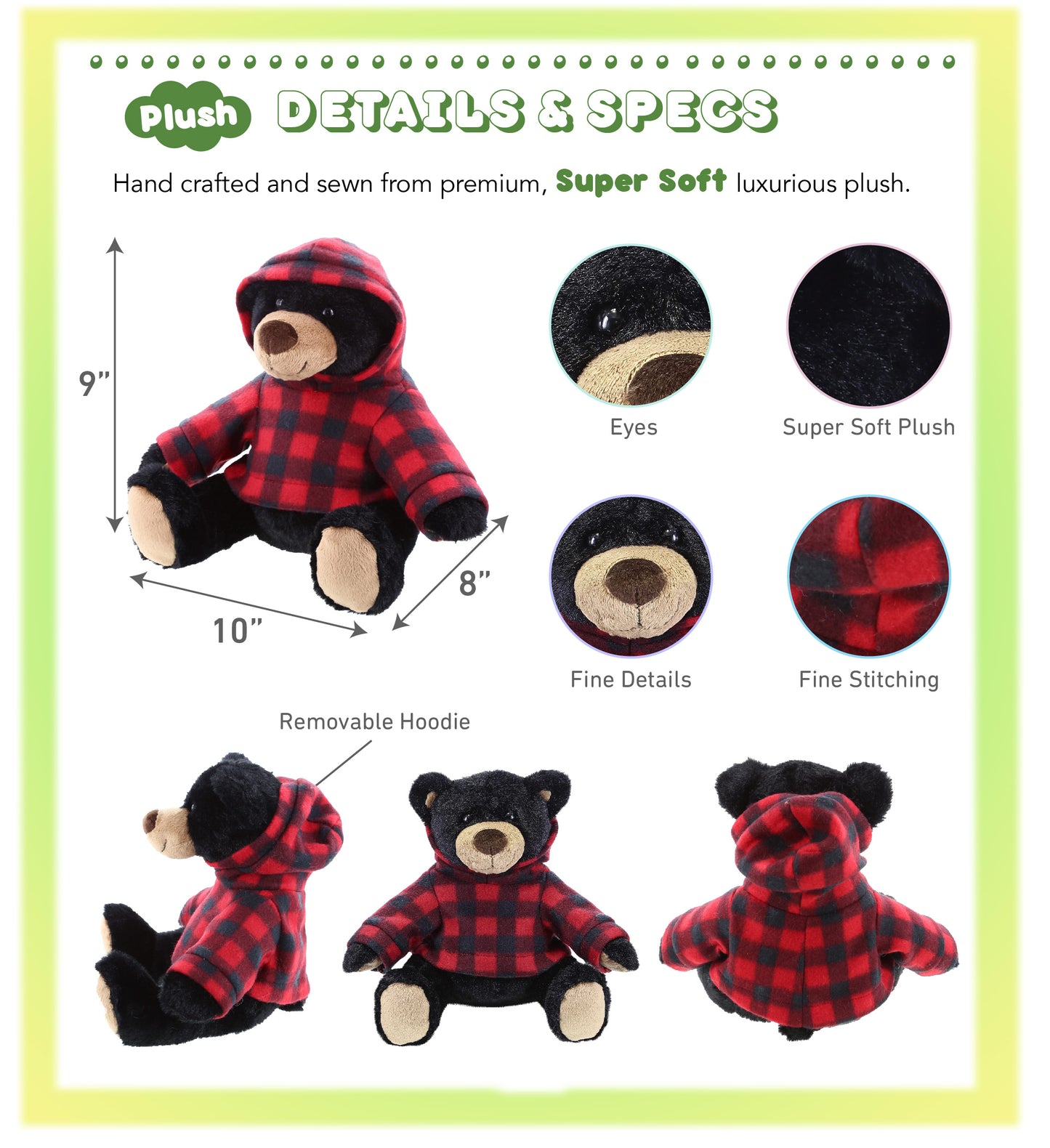 SUPER SOFT PLUSH WITH RED PLAID HOODIE - BLACK BEAR