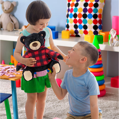 SUPER SOFT PLUSH WITH RED PLAID HOODIE - BLACK BEAR