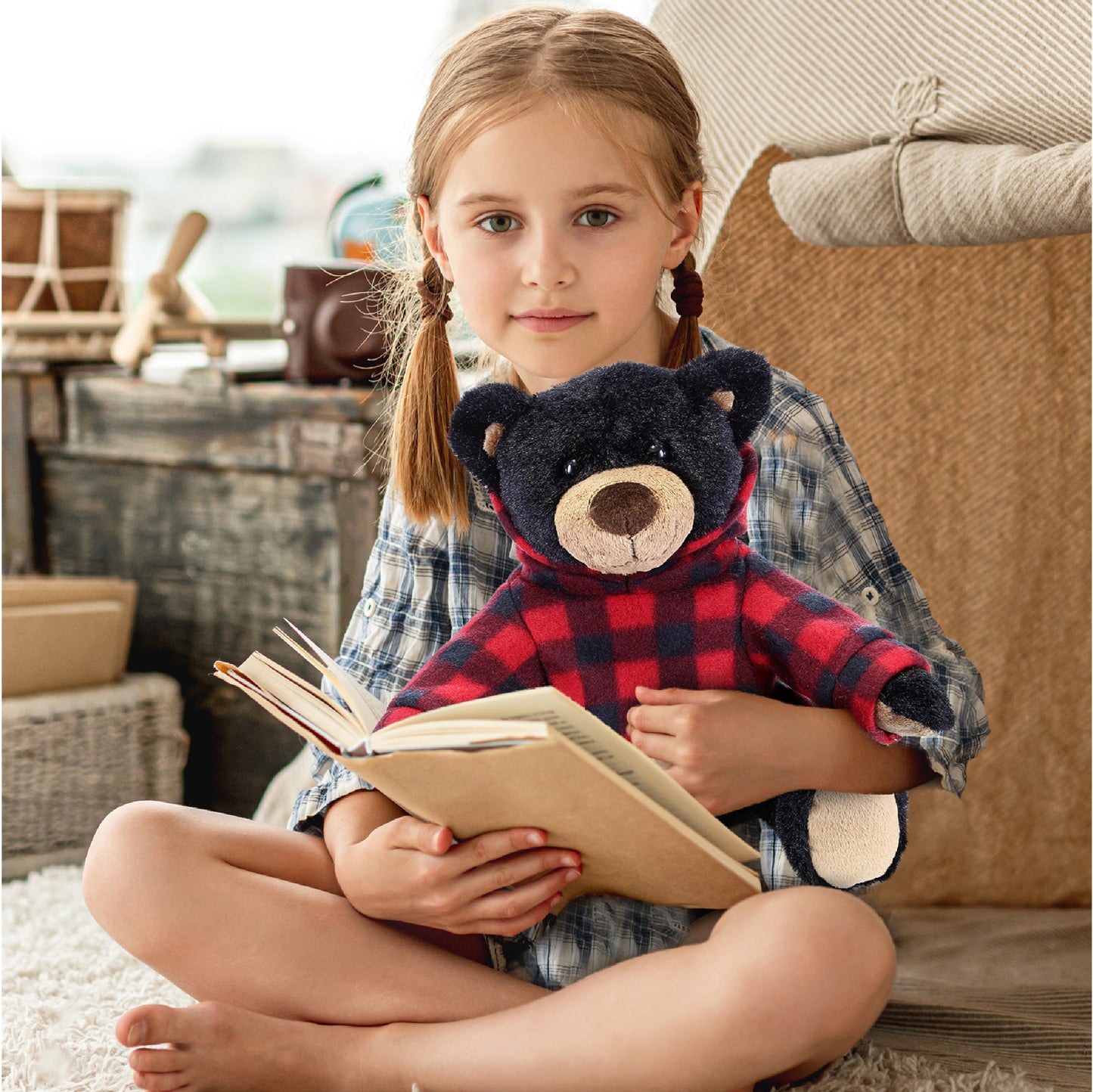 SUPER SOFT PLUSH WITH RED PLAID HOODIE - BLACK BEAR