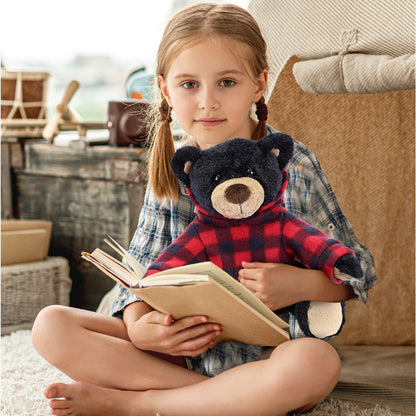 SUPER SOFT PLUSH WITH RED PLAID HOODIE - BLACK BEAR
