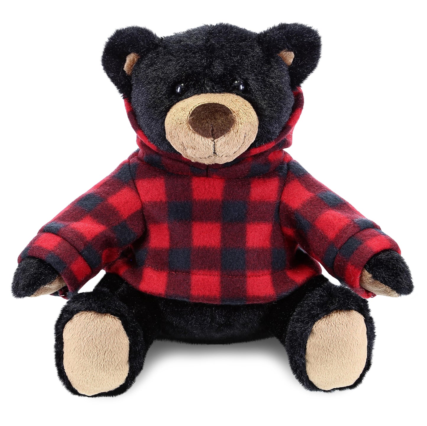 SUPER SOFT PLUSH WITH RED PLAID HOODIE - BLACK BEAR