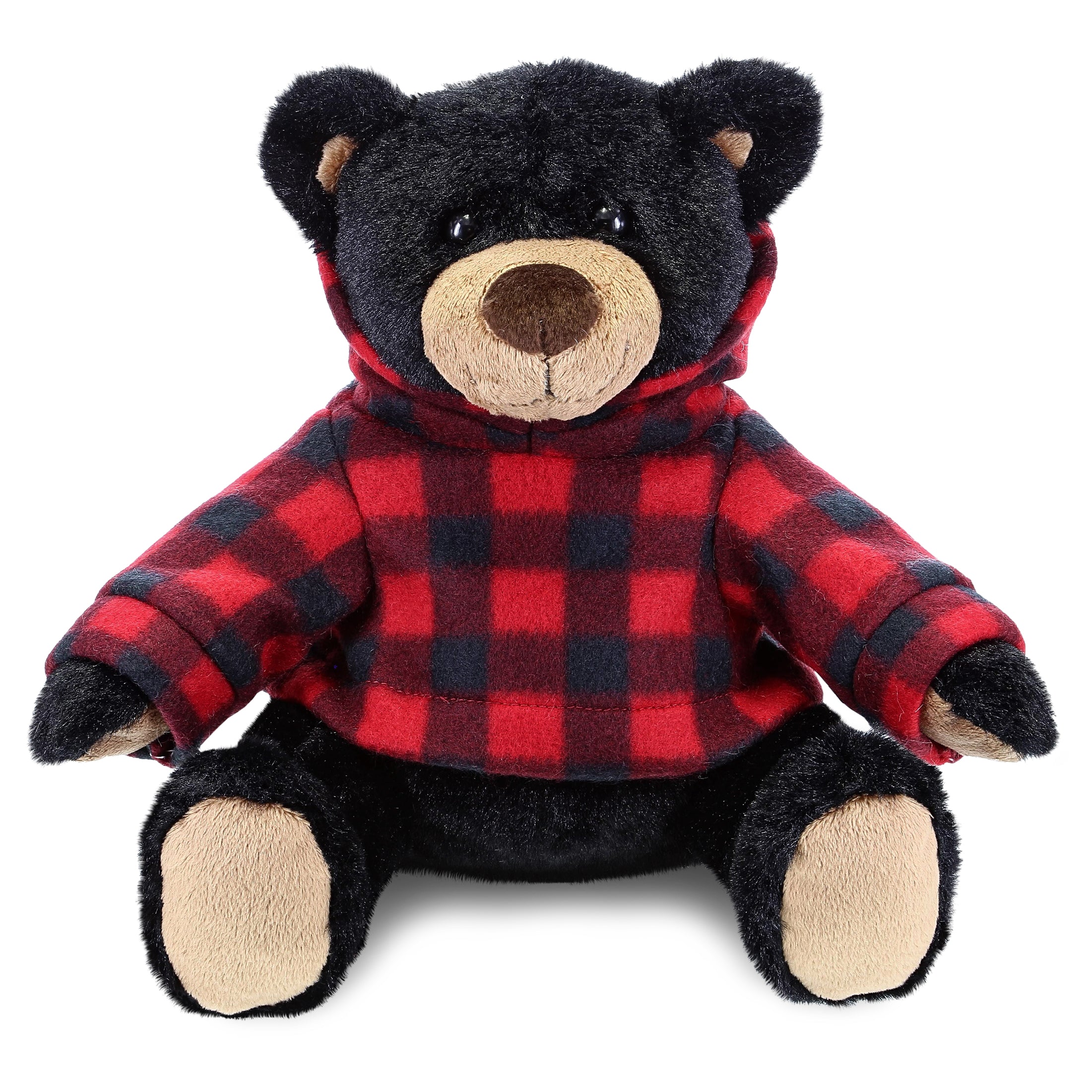 SUPER SOFT PLUSH WITH RED PLAID HOODIE - BLACK BEAR