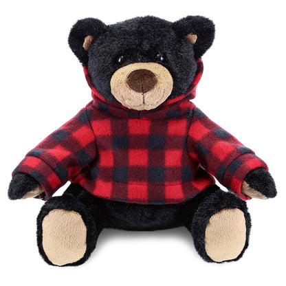 SUPER SOFT PLUSH WITH RED PLAID HOODIE - BLACK BEAR