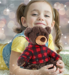 SUPER SOFT PLUSH WITH RED PLAID HOODIE - BROWN BEAR