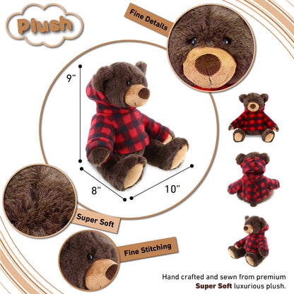 SUPER SOFT PLUSH WITH RED PLAID HOODIE - BROWN BEAR