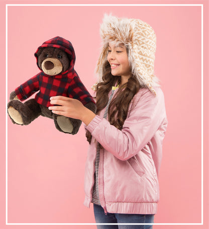 SUPER SOFT PLUSH WITH RED PLAID HOODIE - BROWN BEAR