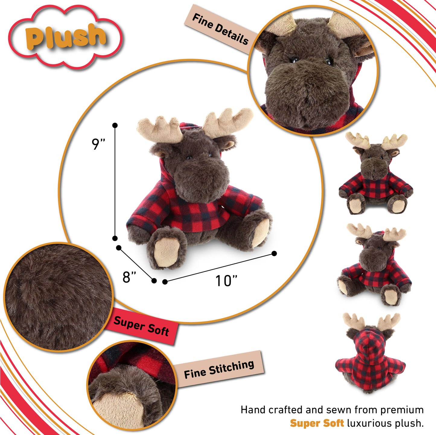 SUPER SOFT PLUSH WITH RED PLAID HOODIE - MOOSE