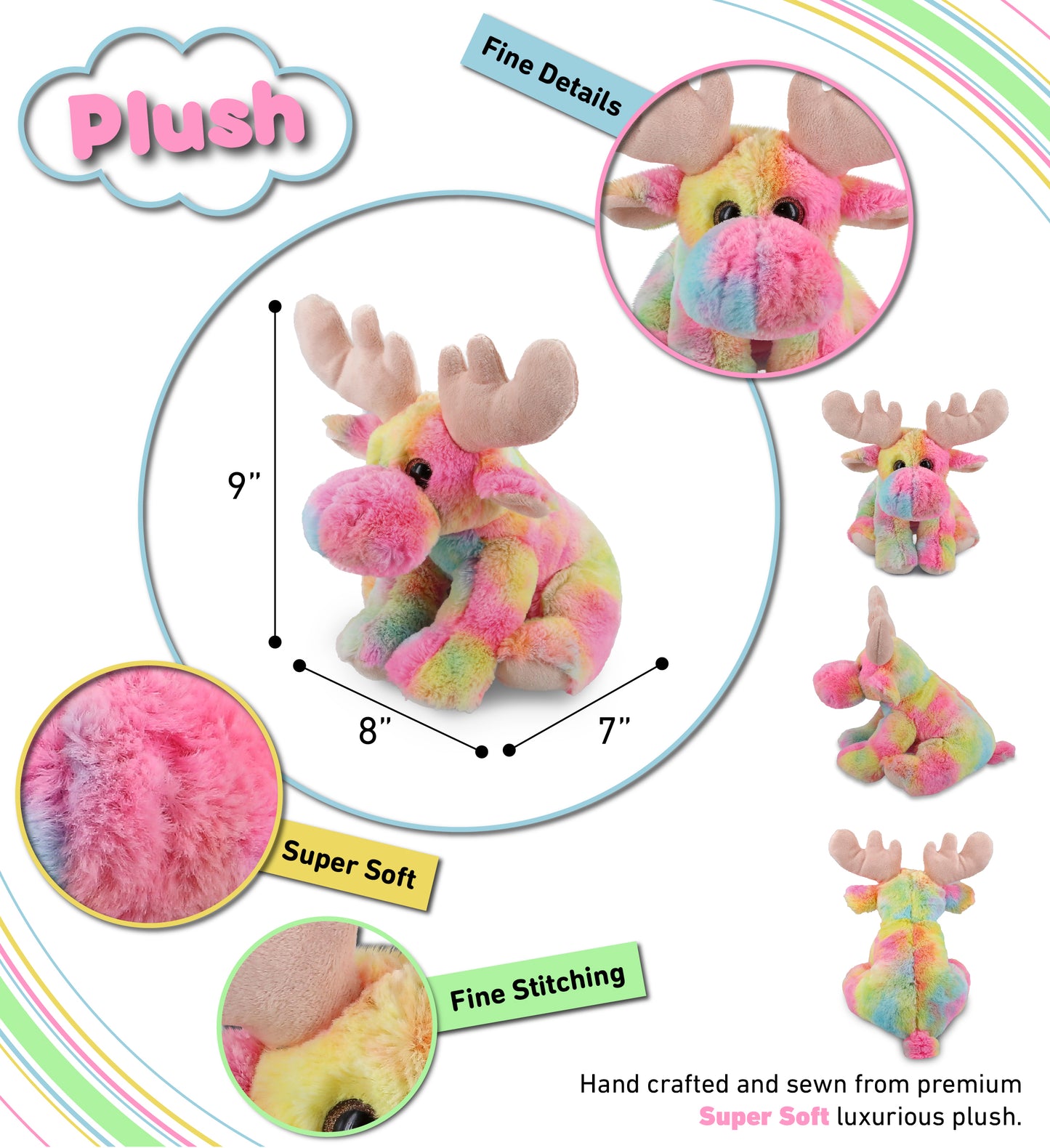 SUPER-SOFT PLUSH - RAINBOW FLOPPY MOOSE 9"