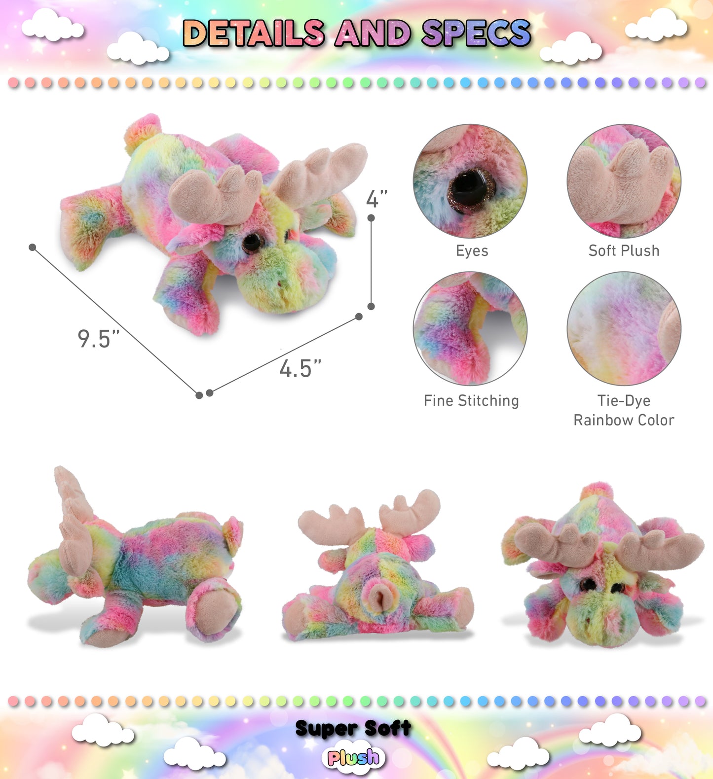 SUPER-SOFT PLUSH - RAINBOW LYING MOOSE 9.5"