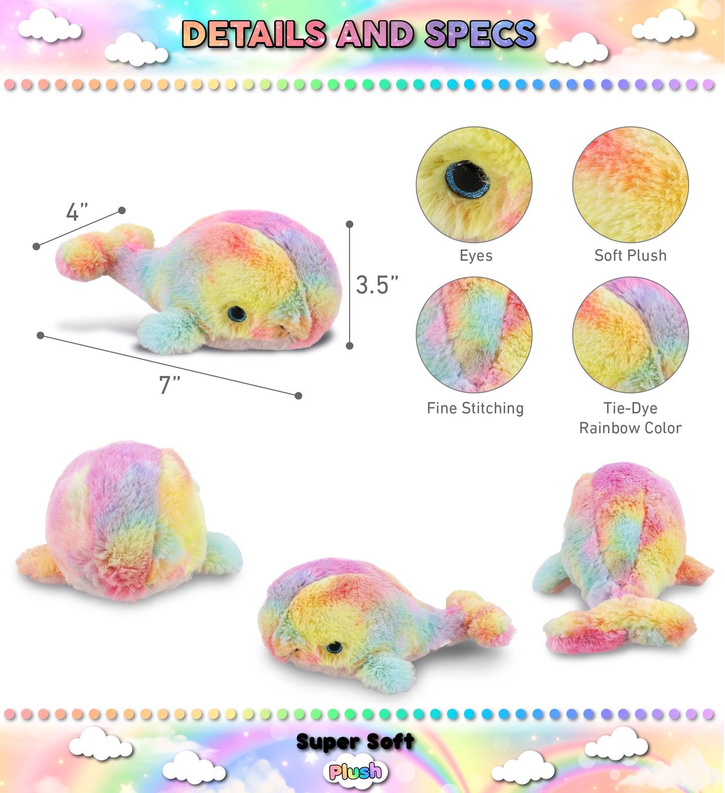 SUPER-SOFT PLUSH - RAINBOW WHALE SMALL 7"