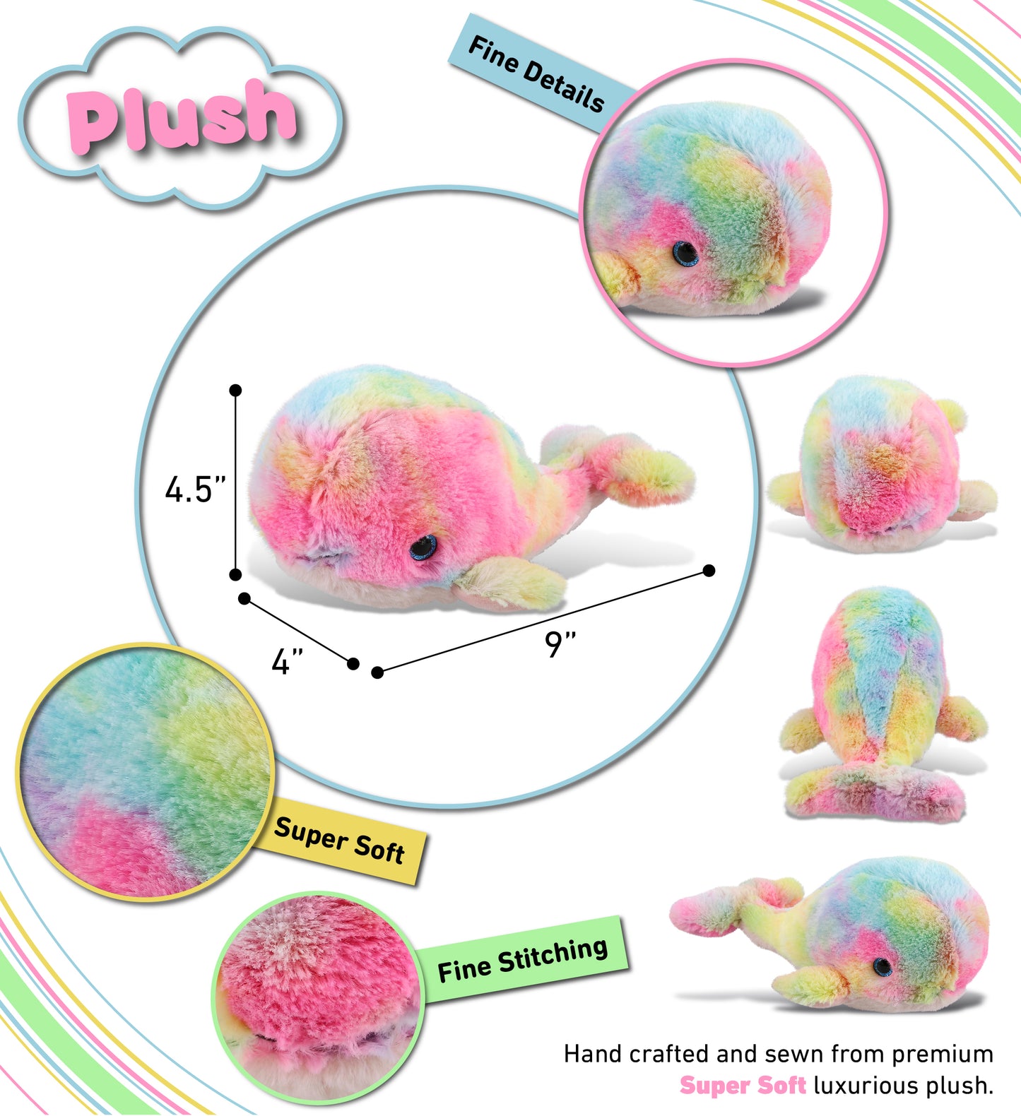 SUPER-SOFT PLUSH - RAINBOW WHALE LARGE 9"