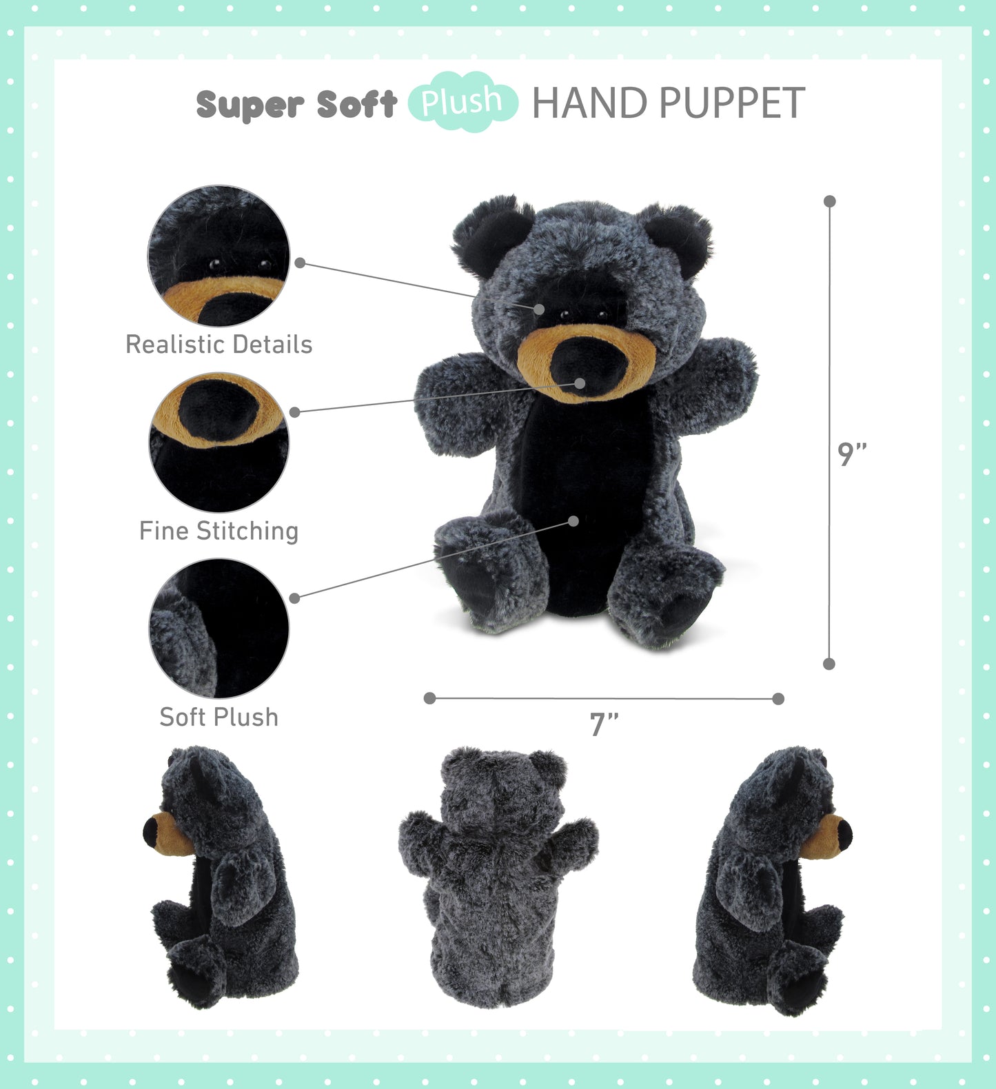 SUPER SOFT PLUSH HAND PUPPET - BLACK BEAR