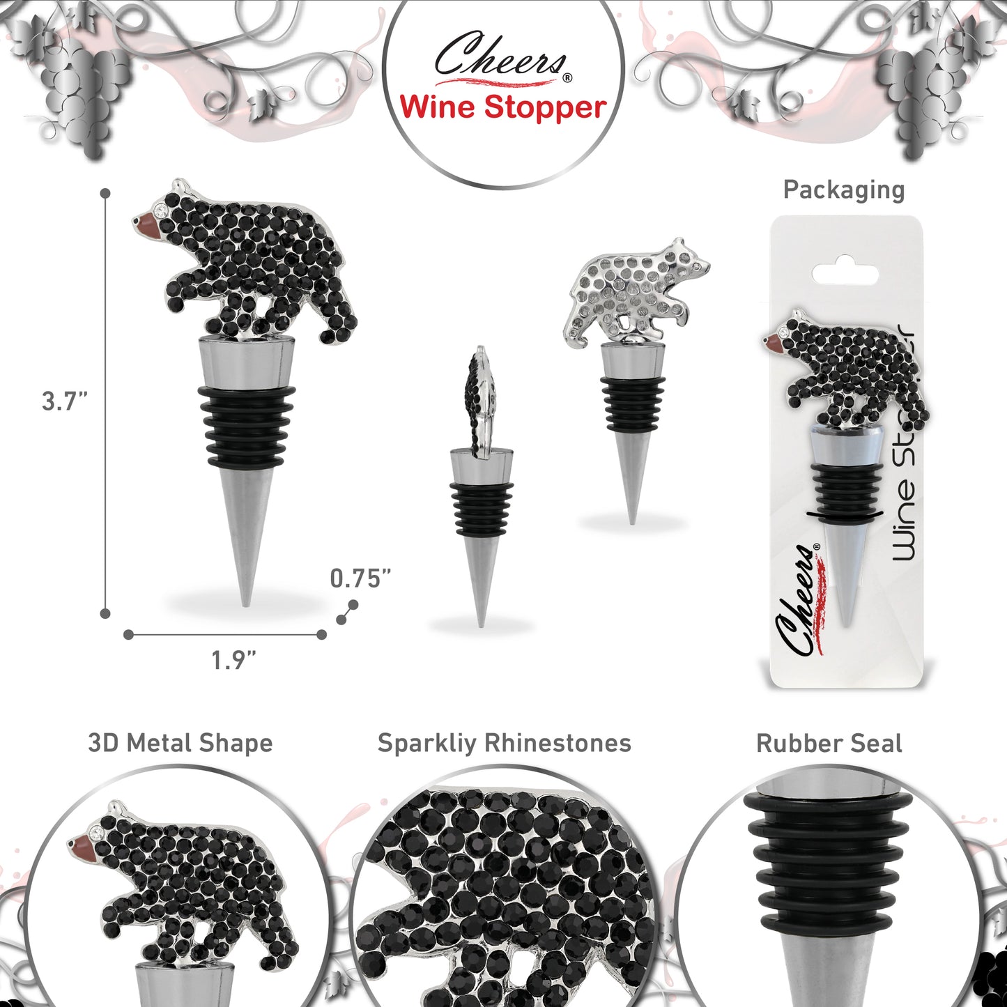 CHEERS - SPARKLING WINE STOPPER - BLACK BEAR