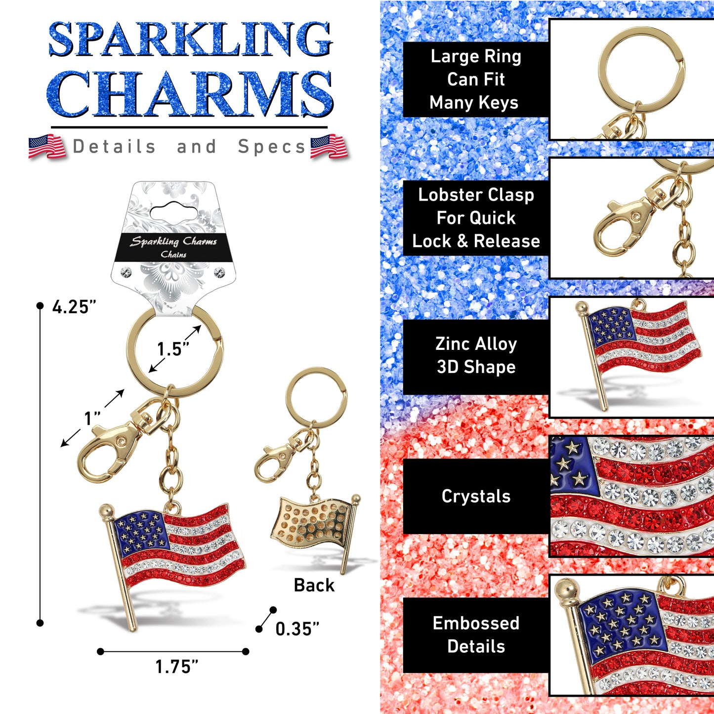 GOLD SPARKLING CHARMS - USA  FLAGPOLE