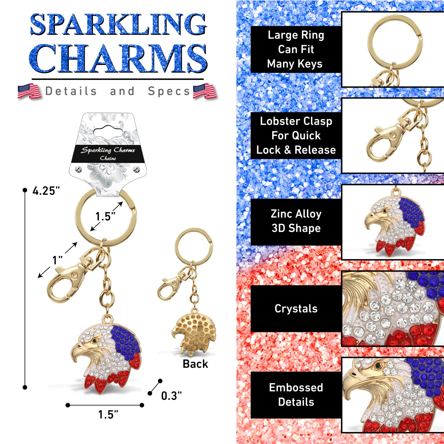 GOLD SPARKLING CHARMS - USA  FLAG EAGLE HEAD