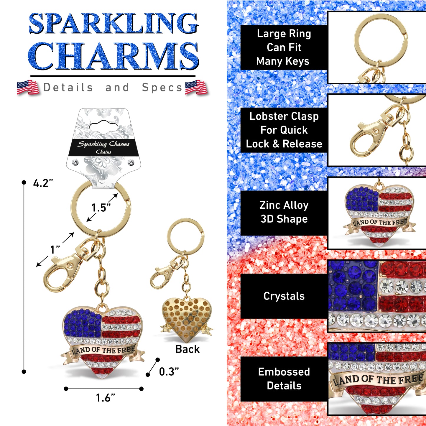 GOLD SPARKLING CHARMS - USA  FLAG HEART