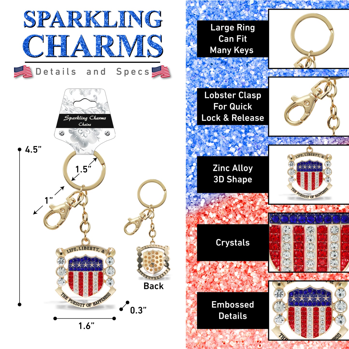 GOLD SPARKLING CHARMS - USA  FLAG PATRIOTIC SHIELD