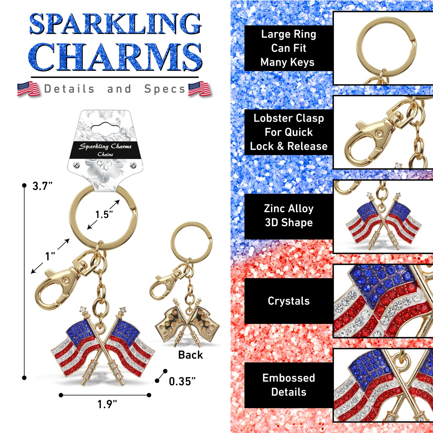 GOLD SPARKLING CHARMS - USA  FLAGS