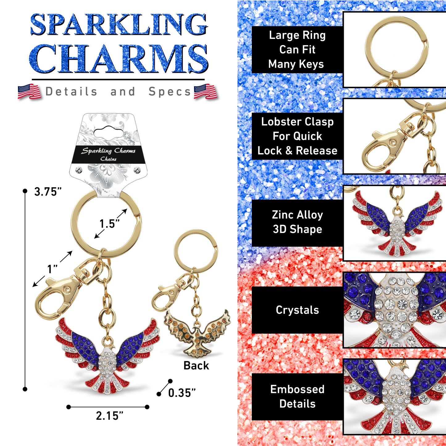 GOLD SPARKLING CHARMS - USA FLAG EAGLE