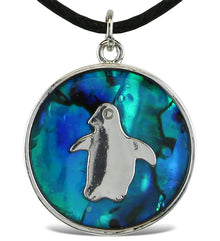 NECKLACE - BLACK CORD 18" - CIRCLE NATURAL PAUA - PENGUIN