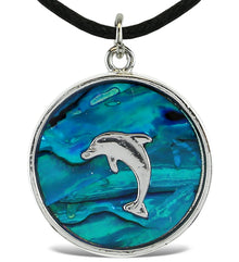 NECKLACE - BLACK CORD 18" - CIRCLE NATURAL PAUA - DOLPHIN