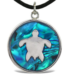 NECKLACE - BLACK CORD 18" - CIRCLE NATURAL PAUA - SEA TURTLE