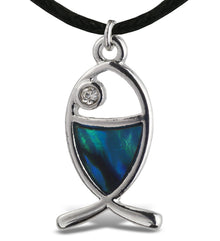NECKLACE - BLACK CORD 18" - BLUE PAUA - CHRISTIAN FISH