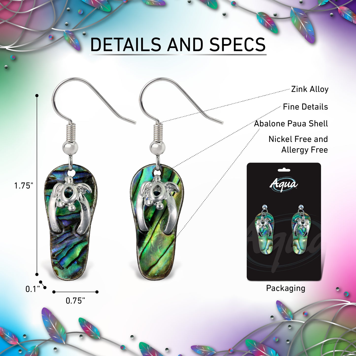 EARRINGS - DANGLE POST - FISH HOOK - NATURAL PAUA - SEA TURTLE FLIP FLOP