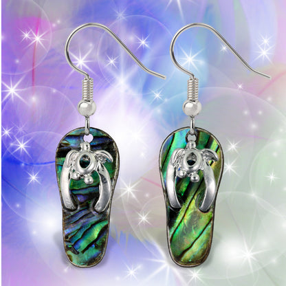 EARRINGS - DANGLE POST - FISH HOOK - NATURAL PAUA - SEA TURTLE FLIP FLOP