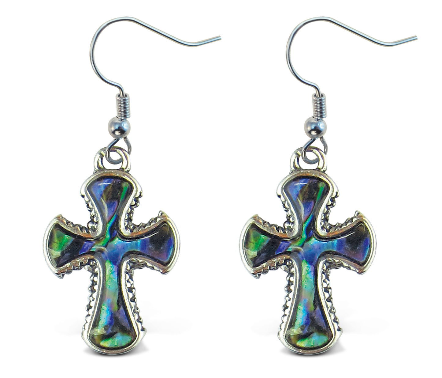 EARRINGS - DANGLE POST - FISH HOOK - NATURAL PAUA - CROSS