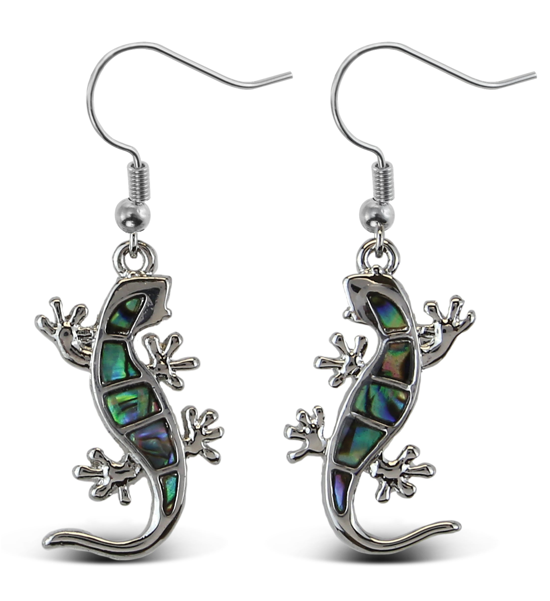 EARRINGS - DANGLE POST - FISH HOOK - NATURAL PAUA - GECKO
