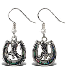 EARRINGS - DANGLE POST - FISH HOOK - NATURAL PAUA - HORSE SHOE