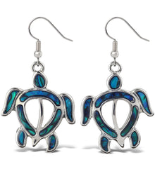 EARRINGS - DANGLE POST - FISH HOOK - NATURAL PAUA - SEA TURTLE